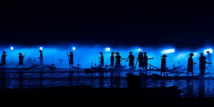 fishermen, boat, lights, night, HD wallpaper