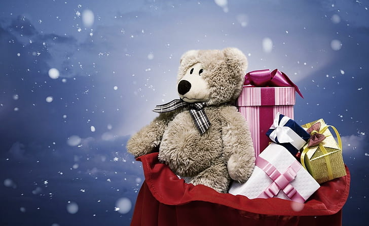 ~ Изобилие от подаръци за всички ♥ ~, нова година, жълто, бяло, сняг, синьо, подарък, Коледа, природа, весела и ярка Коледа, HD тапет