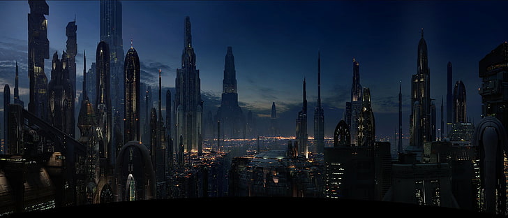 رسم توضيحي لسماء المدينة ، صورة ظلية للمباني في الليل ، خيال علمي ، منظر للمدينة ، مستقبلي ، حرب النجوم ، Coruscant ، cyberpunk ، فن الخيال ، Bladerunner ، المدينة ، الفن الرقمي، خلفية HD