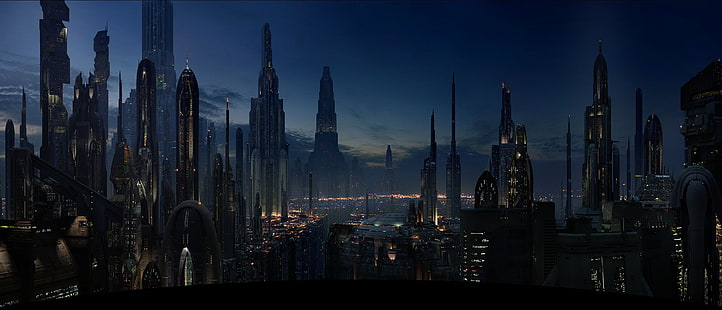 Ilustración del cielo de la ciudad, silueta de edificios en la noche, ciencia ficción, paisaje urbano, futurista, Star Wars, Coruscant, cyberpunk, arte de fantasía, Bladerunner, ciudad, arte digital, Fondo de pantalla HD HD wallpaper