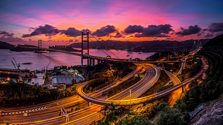 град дълго изложение уличен мост Хонг Конг Виктория пристанище начин магистрала tsing ma мост залез, HD тапет