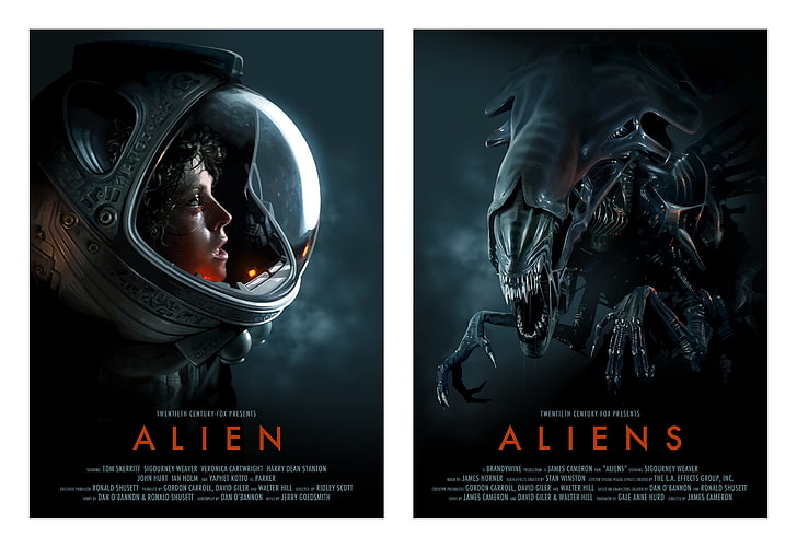 Penutup film Alien, alien, Alien, fiksi ilmiah, 1979, mutiara, 1986, baju ruang angkasa, Sigourney Weaver, poster film klasik, Wallpaper HD