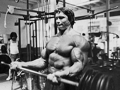 Arnold Schwarzenegger, skivstång, kroppsbyggare, kroppsbyggnad, hantlar, träning, gym, HD tapet HD wallpaper