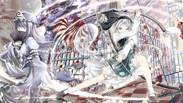 Touhou, Saigyouji Yuyuko, sword, women with swords, japanese flag, Konpaku Youmu, HD wallpaper