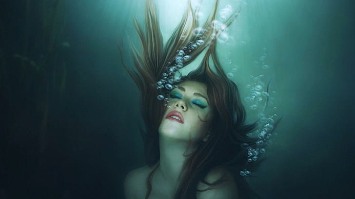 Девушка тонет, женщина под водой, закрывающая глаза иллюстрация, фэнтези, 1920x1080, пузырь, вода, женщина, HD обои