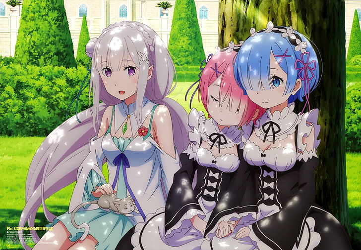 три женских персонажа аниме сидят на скамейке, аниме, аниме девушки, Re: Zero Kara Hajimeru Isekai Seikatsu, HD обои