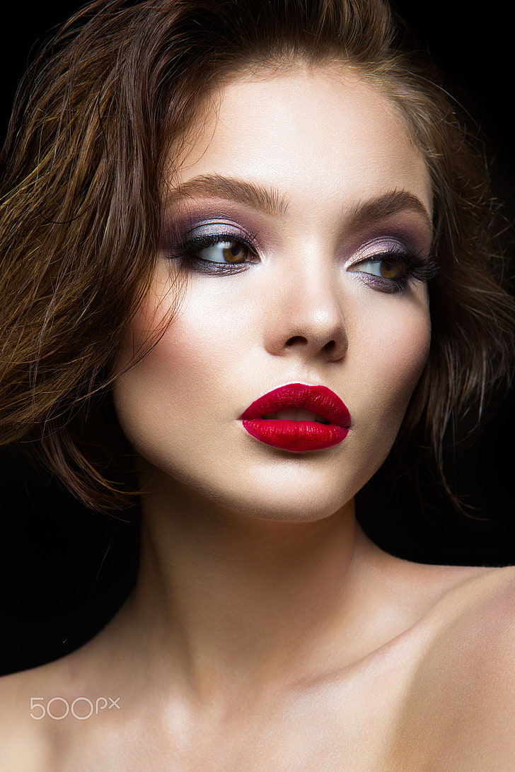 makeup, red lipstick, women, face, model, portrait, HD wallpaper