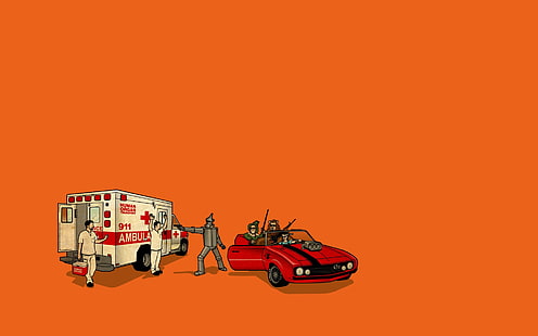 Ilustración de coche rojo y ambulancia, El mago de Oz, minimalismo, Fondo de pantalla HD HD wallpaper