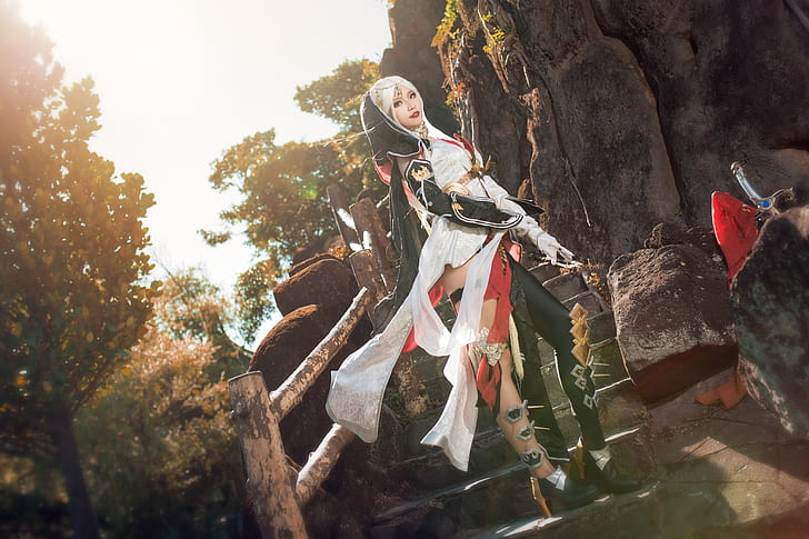 look, girl, light, trees, nature, pose, style, stones, weapons, rocks, feet, sword, figure, blonde, costume, ladder, shoes, outfit, railings, stage, image, Asian, beauty, is, elf, warrior, white hair, cosplay, the girl-soldier, militant, HD wallpaper
