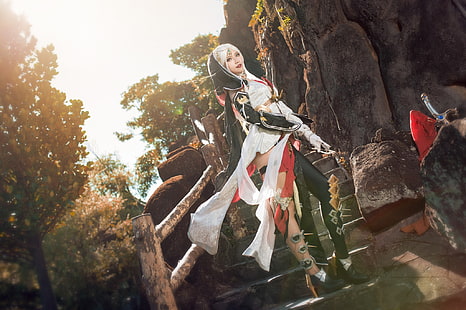 look, girl, light, trees, nature, pose, style, stones, weapons, rocks, feet, sword, figure, blonde, costume, ladder, shoes, outfit, railings, stage, image, Asian, beauty, is, elf, warrior, white hair, cosplay, the girl-soldier, militant, HD wallpaper HD wallpaper