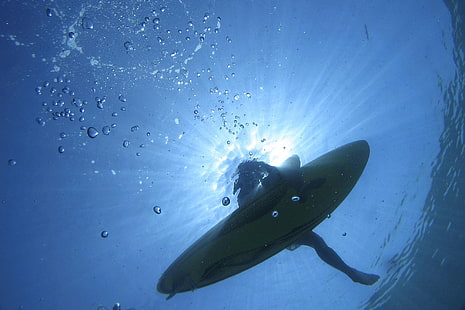 gelbes Surfbrett, Surfen, Surfer, Wasser, Meer, HD-Hintergrundbild HD wallpaper