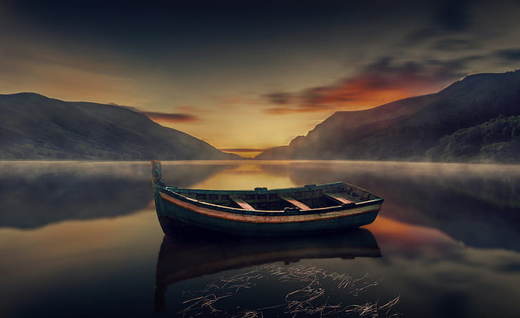 alam, air, refleksi, perahu, langit, Wallpaper HD