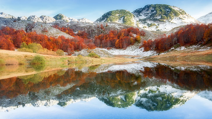 nature, paysage, montagnes, forêt, arbres, automne, lac, reflet, pic enneigé, Fond d'écran HD
