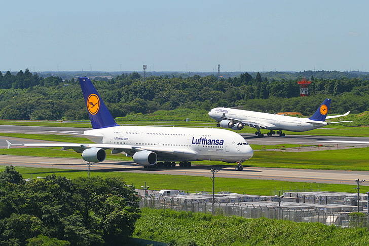 طائرة بيضاء وزرقاء ، ألمانيا ، مطار ، رحلة ، A380 ، هبوط ، لوفتهانزا ، إيرباص ، 800 ، 600 ، A340 ، تاكسي، خلفية HD