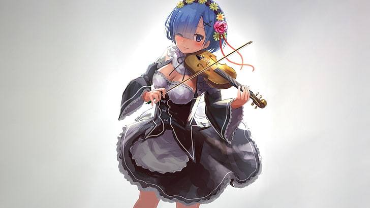 рем, скрипка, инструмент, музыка, ре: ноль, улыбка, короткие волосы, одежда для горничной, аниме, HD обои