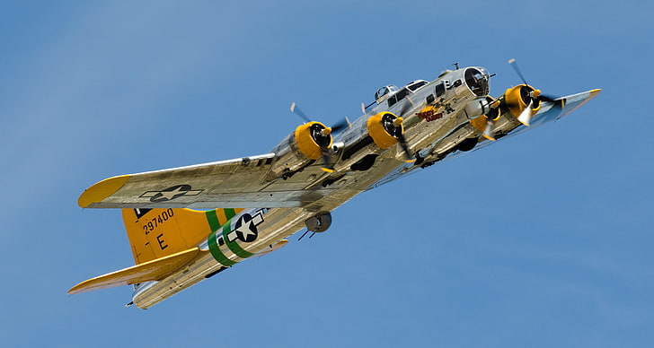 white and yellow plane, bomber, B-17, four-engine, heavy, Flying Fortress, The 
