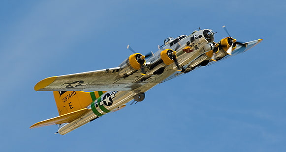 เครื่องบินสีขาวและสีเหลืองเครื่องบินทิ้งระเบิด B-17 สี่เครื่องยนต์หนักป้อมบิน 