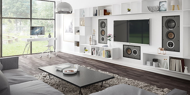 бял и черен дървен кухненски шкаф, домашно кино, къща, високоговорители, HD тапет