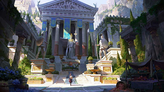 Gebäude, Gebäude, Grieche, Statue, Tempel, HD-Hintergrundbild HD wallpaper