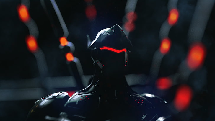 illustration de personnage de robot, Rakan Khamash, Genji (Overwatch), néon, cyborg, Overwatch, Fond d'écran HD