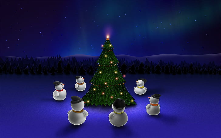 Pupazzi di neve intorno a un albero di Natale, illustrazione dell'albero di Natale, vacanze, 1920x1200, luce, albero, natale, buon natale, pupazzo di neve, Sfondo HD