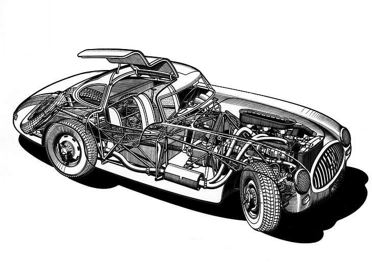 1952, 300sl, benz, cutaway, motore, motori, interno, mercedes, retro, supercar, supercar, w194, Sfondo HD