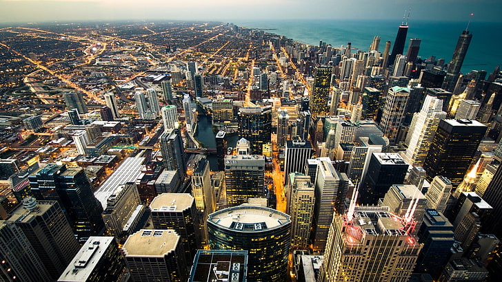 photographie aérienne de gratte-ciel pendant la journée, paysage urbain, ville, lumières, bâtiment, Chicago, Fond d'écran HD