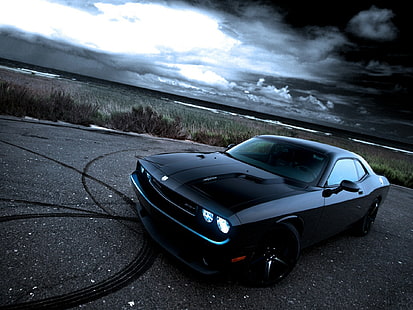 black Dodge Challenger, black, drift, dodge, challenger, HD wallpaper HD wallpaper