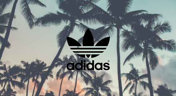 Adidas, fondo de palmeras, logotipo de Adidas negro, artístico, tipografía, árboles, Palm, logotipo, Adidas, Fondo de pantalla HD HD wallpaper