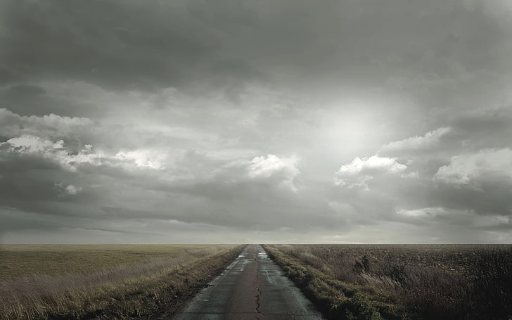 gray road under cloudy sky, road, field, clouds, cloudy, horizon, HD wallpaper