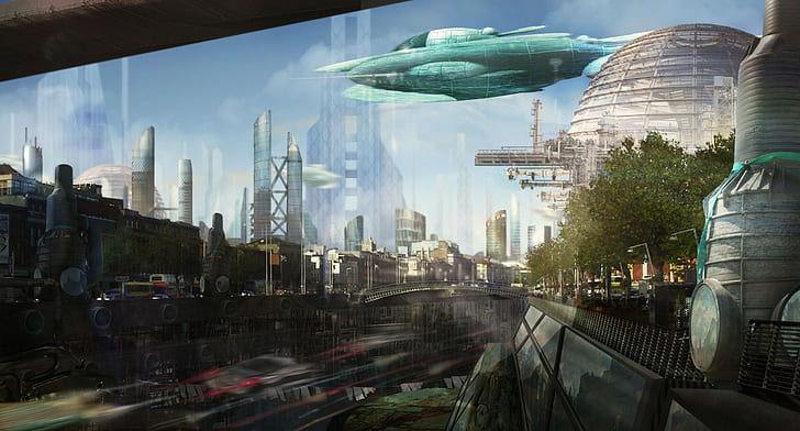 abstracto, ciudad, futuro, naves, ciencia ficción, Fondo de pantalla HD