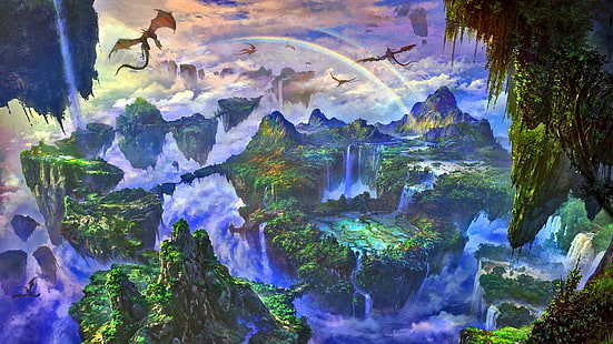 драконы летающие на плавающем острове цифровые обои, фэнтези, пейзаж, HD обои HD wallpaper