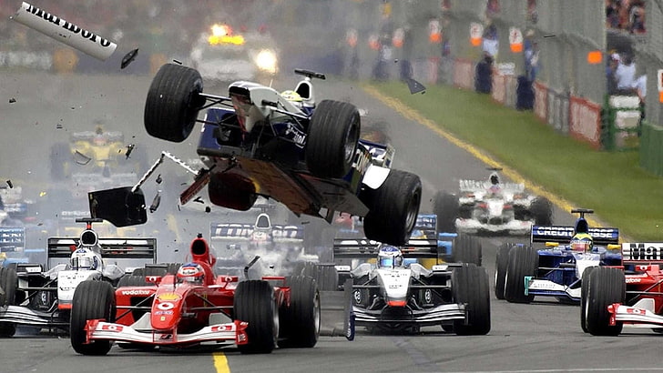 F1クラッシュ、危険、空飛ぶ車、F1、スポーツ、 HDデスクトップの壁紙