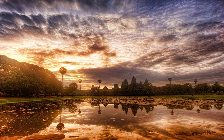 natura, paesaggio, cielo, nuvole, alberi, tempio, acqua, riflessione, stagno, Angkor, Sito Patrimonio dell'Umanità, Cambogia, Sfondo HD
