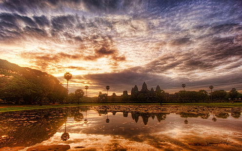 natura, krajobraz, niebo, chmury, drzewa, świątynia, woda, odbicie, staw, Angkor, miejsce światowego dziedzictwa, Kambodża, Tapety HD HD wallpaper