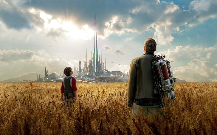 мужчина и мальчик в коричневом пшеничном поле 3D обои, Tomorrowland (фильм), мужчины, Джордж Клуни, дети, HD обои