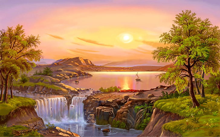 ภูมิทัศน์สวยงามแม่น้ำต้นไม้น้ำตกพระอาทิตย์ 09754, วอลล์เปเปอร์ HD