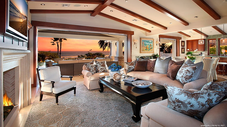 intérieur, maison, front de mer, palmiers, Fond d'écran HD