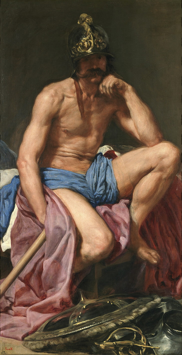Mitologi Yunani, Ares, Diego Velázquez, Mars Resting, seni klasik, lukisan, Wallpaper HD, wallpaper seluler