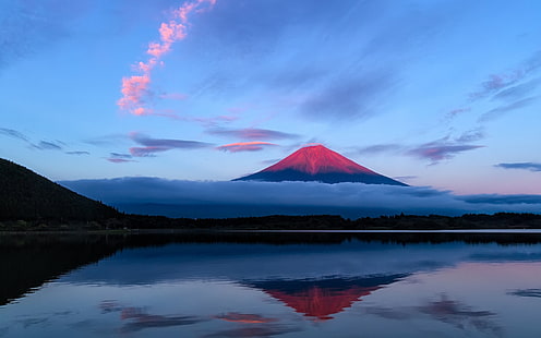 Япония, гора Фудзи, вечер, небо, озеро, отражение, синий, Япония, гора Фудзи, гора, вечер, небо, озеро, отражение, синий, HD обои HD wallpaper