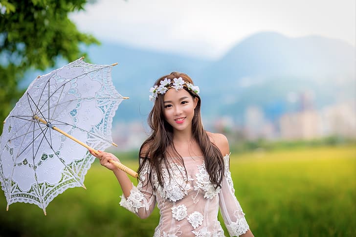 girl, umbrella, dress, Asian, wreath, cutie, HD wallpaper