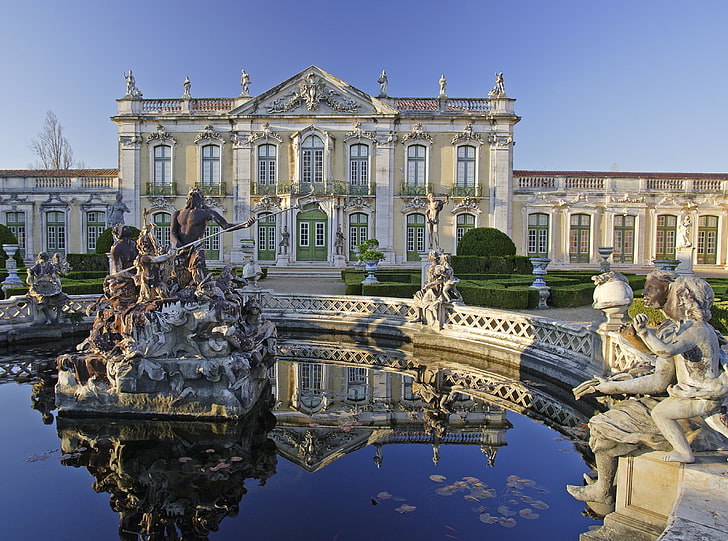 ポルトガルの宮殿、白とベージュのコンクリートの建物、ヨーロッパ、ポルトガル、宮殿、 HDデスクトップの壁紙