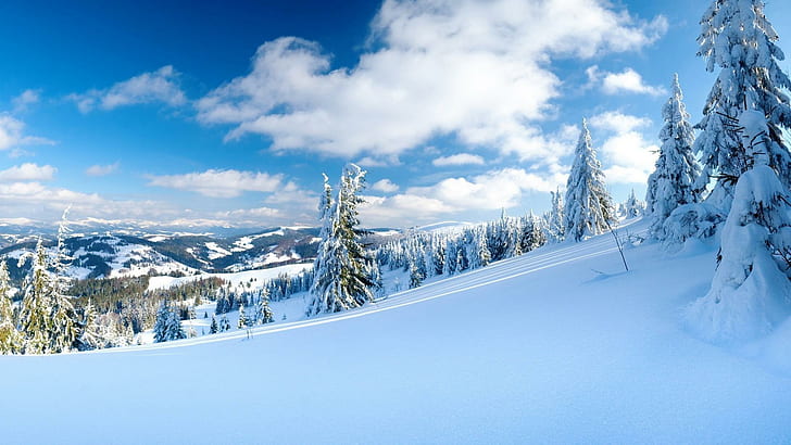 Pack de neige, pistes de ski, montagnes, froid, ski, pack de neige, neige, colline, hiver, 3d et abstrait, Fond d'écran HD