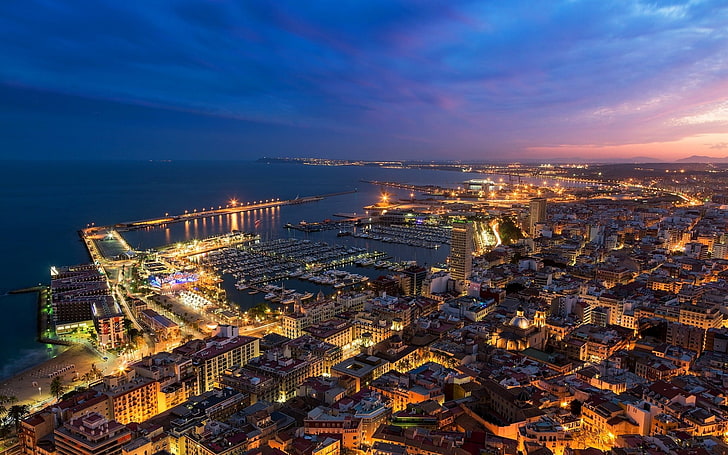 Alicante City Hiszpania, szaro-pomarańczowa ilustracja miasta, widoki miast, Walencja, pejzaż miejski, miasto, hiszpania, Tapety HD