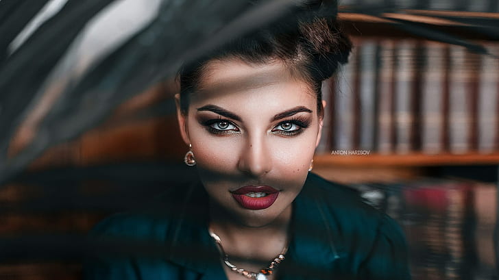 women, face, Anton Harisov, Fotoshi Toshi, red lipstick, portrait, depth of field, necklace, HD wallpaper