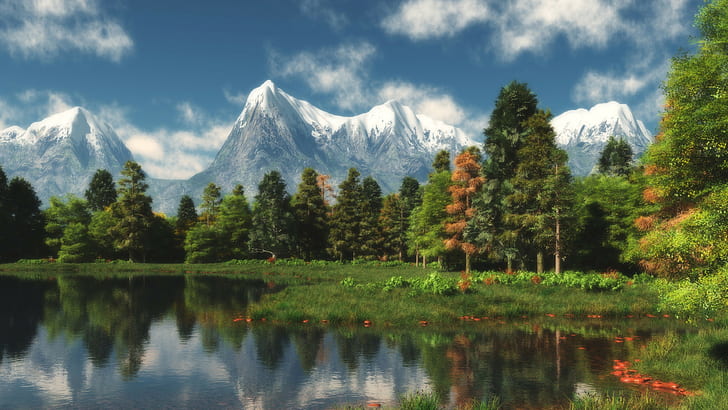 nature, paysage, arbres, forêt, montagnes, lac, réflexion, nuages, 3D, Fond d'écran HD