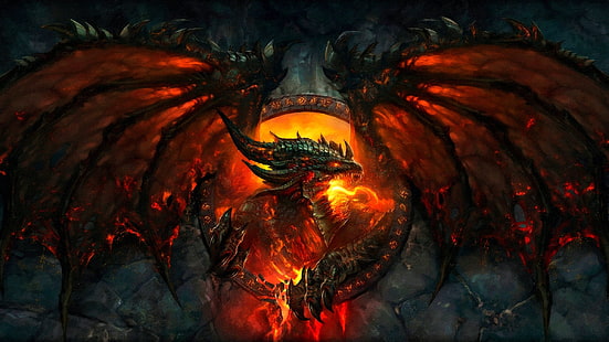 papel tapiz de dragón negro y rojo, fan art de dragón rojo, dragón, World of Warcraft, World of Warcraft: Cataclysm, Deathwing, Fondo de pantalla HD HD wallpaper