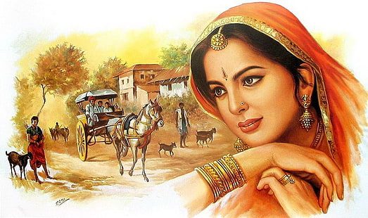Индийска жена, рисунка на жена, носеща оранжева забрадка, Art And Creative,, изкуство, индийска, HD тапет HD wallpaper