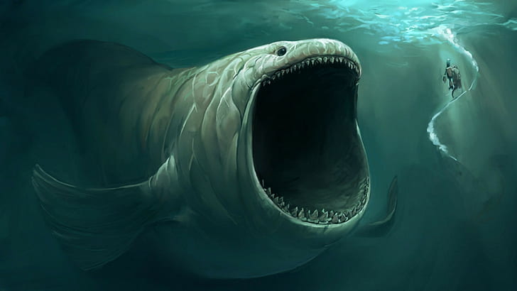 илюстрация на сива риба, фентъзи изкуство, морски чудовища, произведения на изкуството, под вода, HD тапет