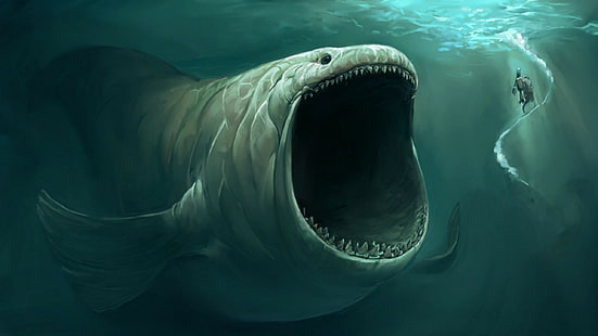 gray fish illustration, fantasy art, sea monsters, artwork, underwater, HD wallpaper HD wallpaper